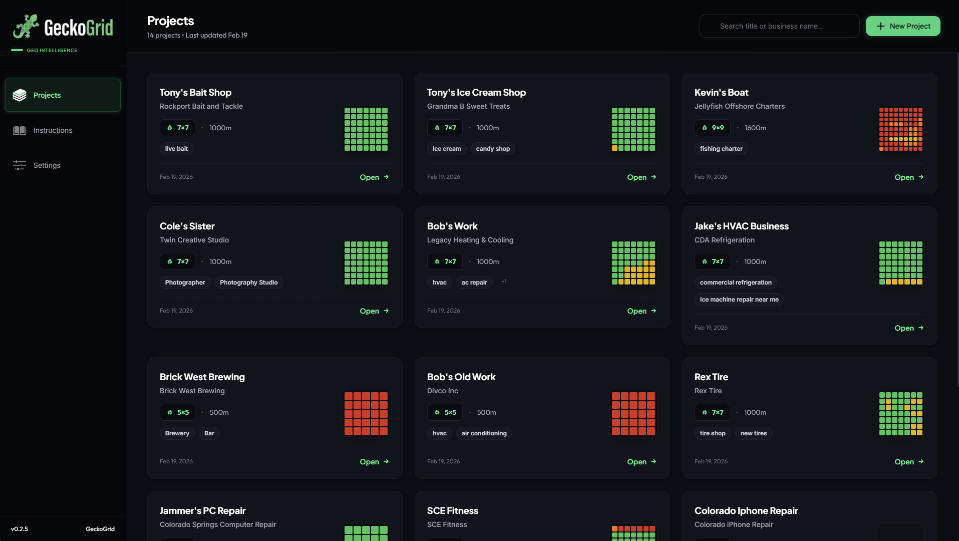 GeckoGrid Local Dashboard showing multiple organized client projects
