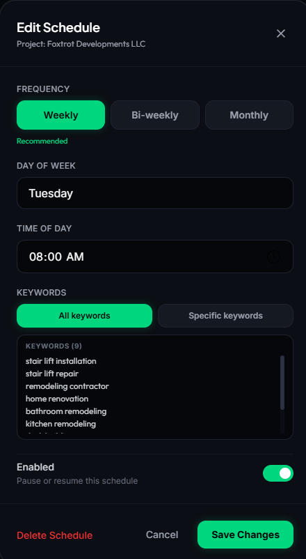 GeckoGrid schedule editor with weekly, biweekly, and monthly frequency controls